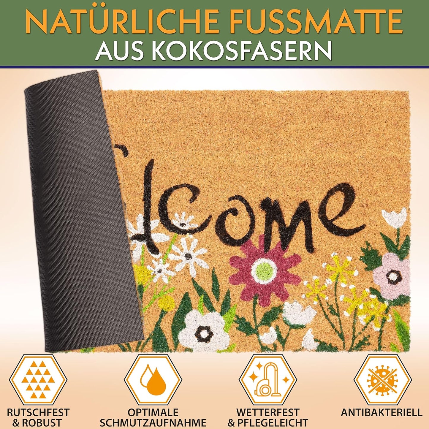 Antirutsch Fussmatte, Welcome - Blumen