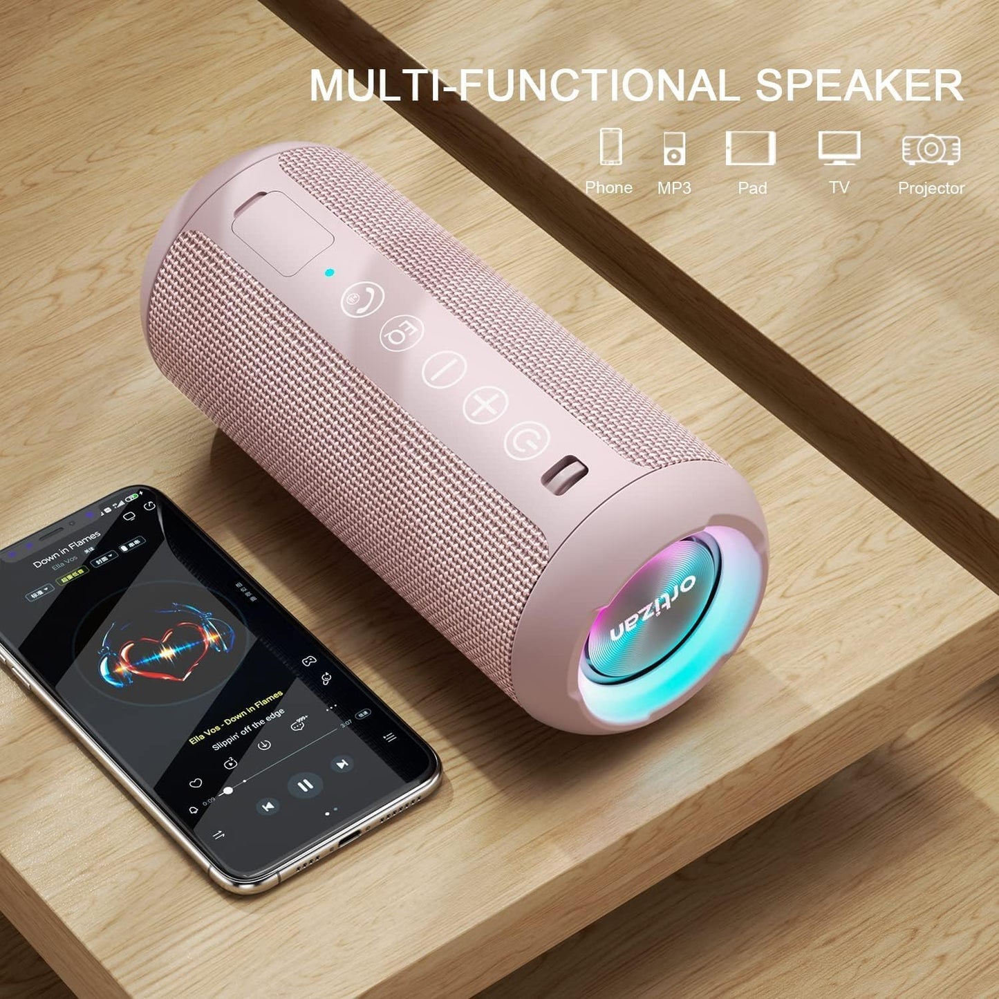 Bluetooth Lautsprecher mit LED-Licht und IPX7 Schutz, ROSA