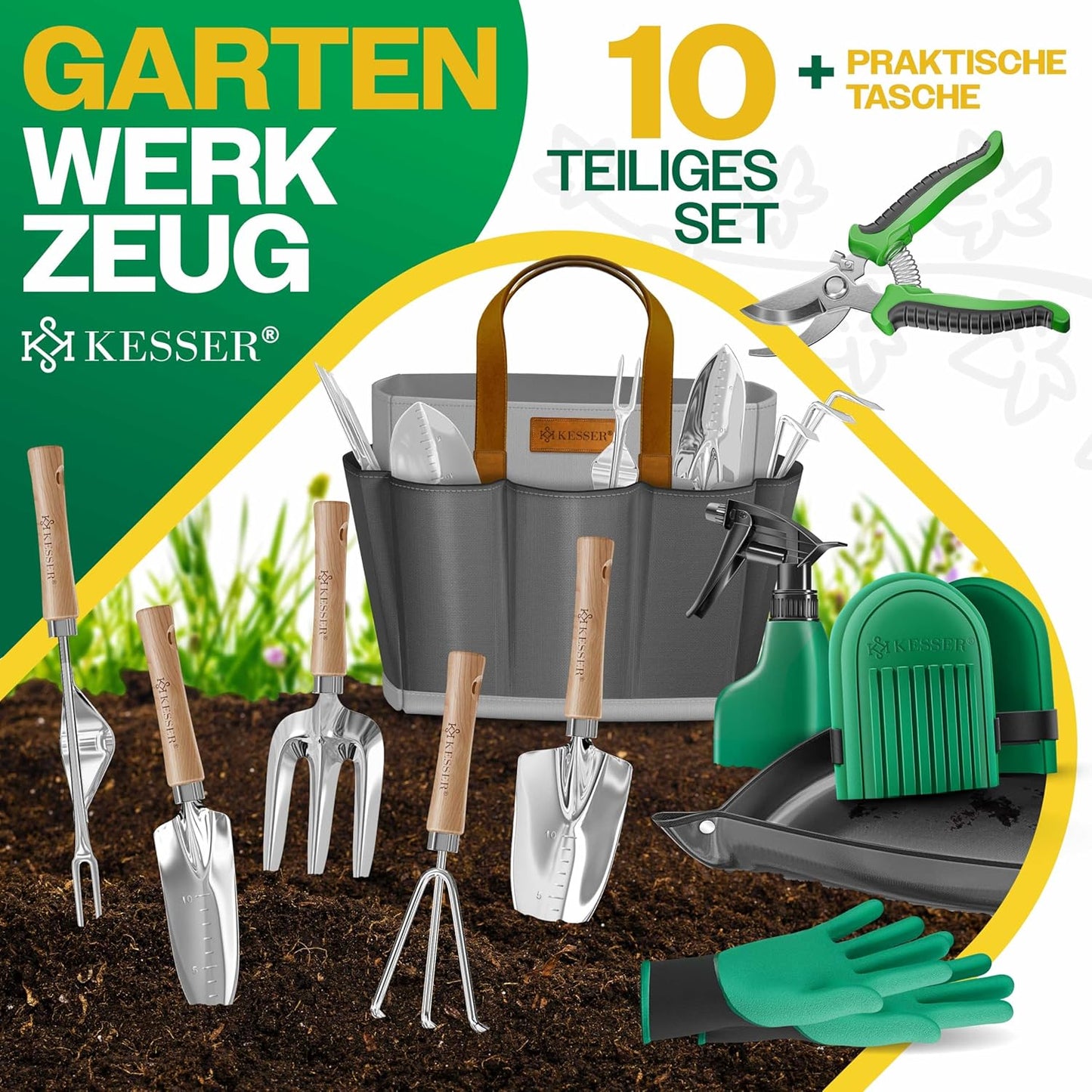 10-teiliges Gartenwerkzeug-Set mit ergonomischen Griffen, Grau / Anthrazit
