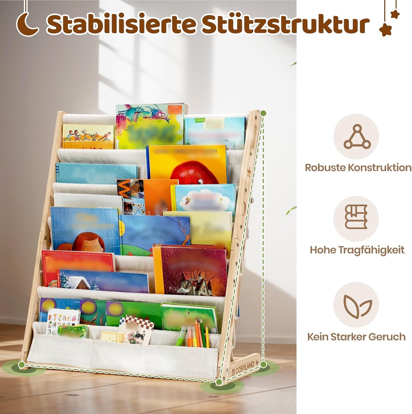 Bücherregal für Kinderzimmer mit sechs Stofffächern, Naturholzfarbe Large