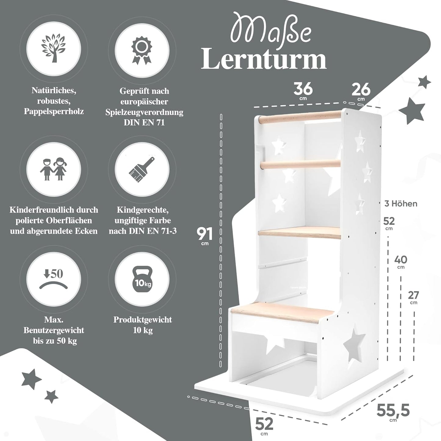 Höhenverstellbarer Lernturm, Holz / Weiss