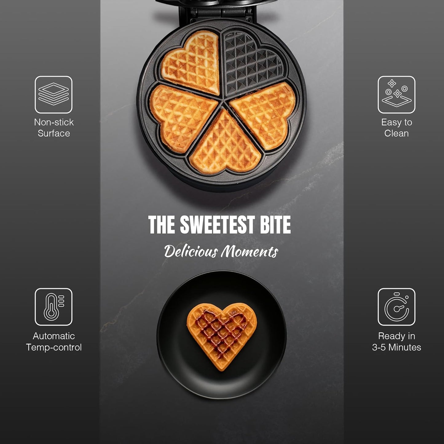 Herzwaffeleisen mit Antihaftbeschichtung, 700W, Mattschwarz
