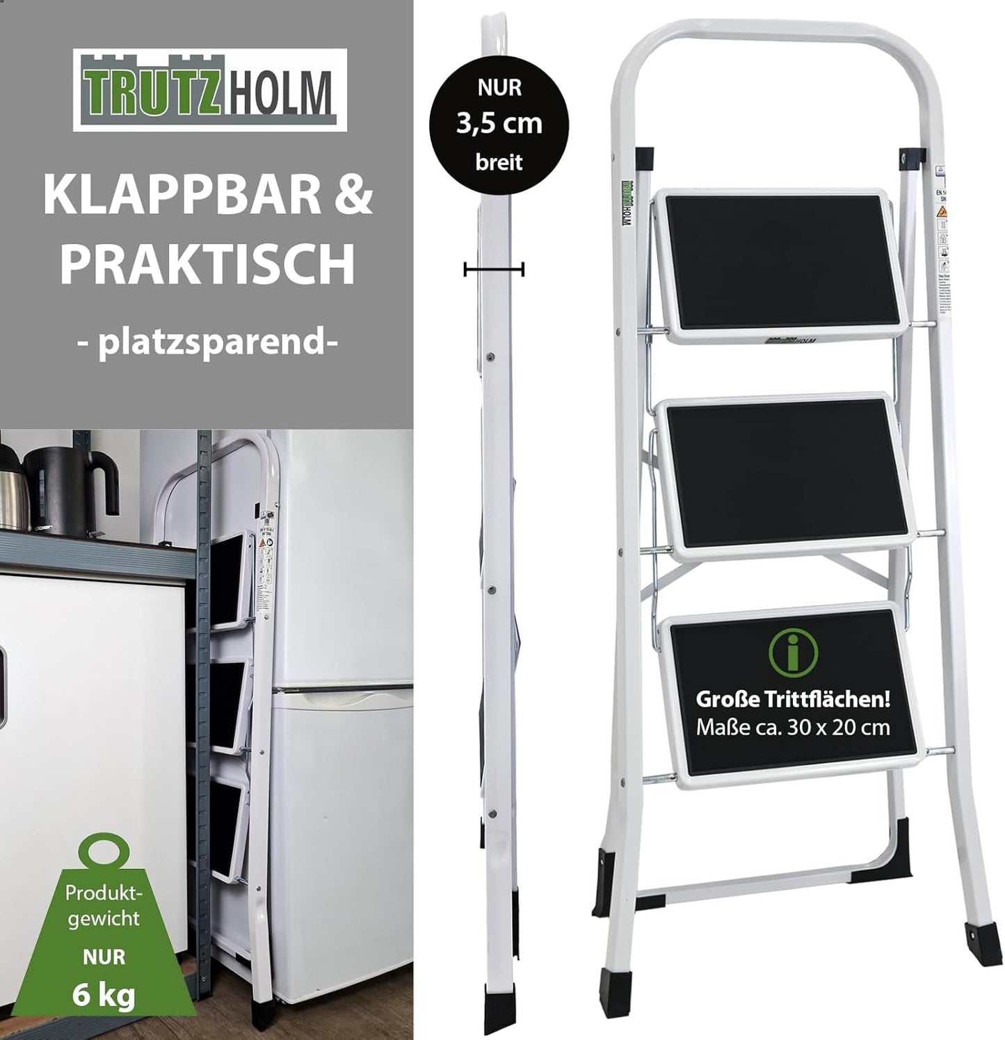 Klapptritt mit 3 Stufen und Sicherheitsverriegelung, 3 Stufen Weiss