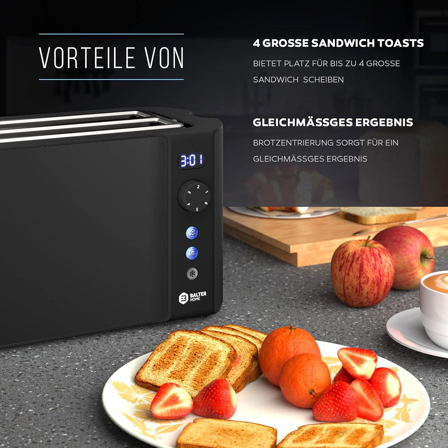 TS-04-BL - Toaster für 4 Scheiben - Langschlitz mit LCD Display, Schwarz
