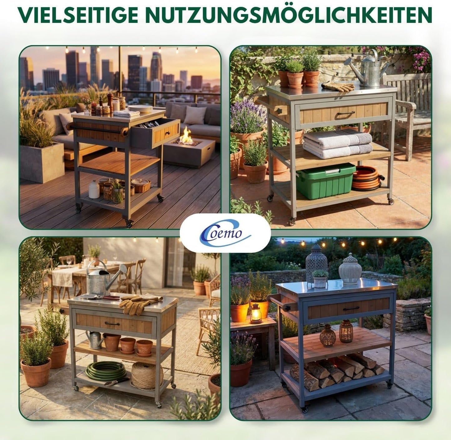 Kücheninselwagen mit Edelstahloberfläche, 82 x 53 cm Grau