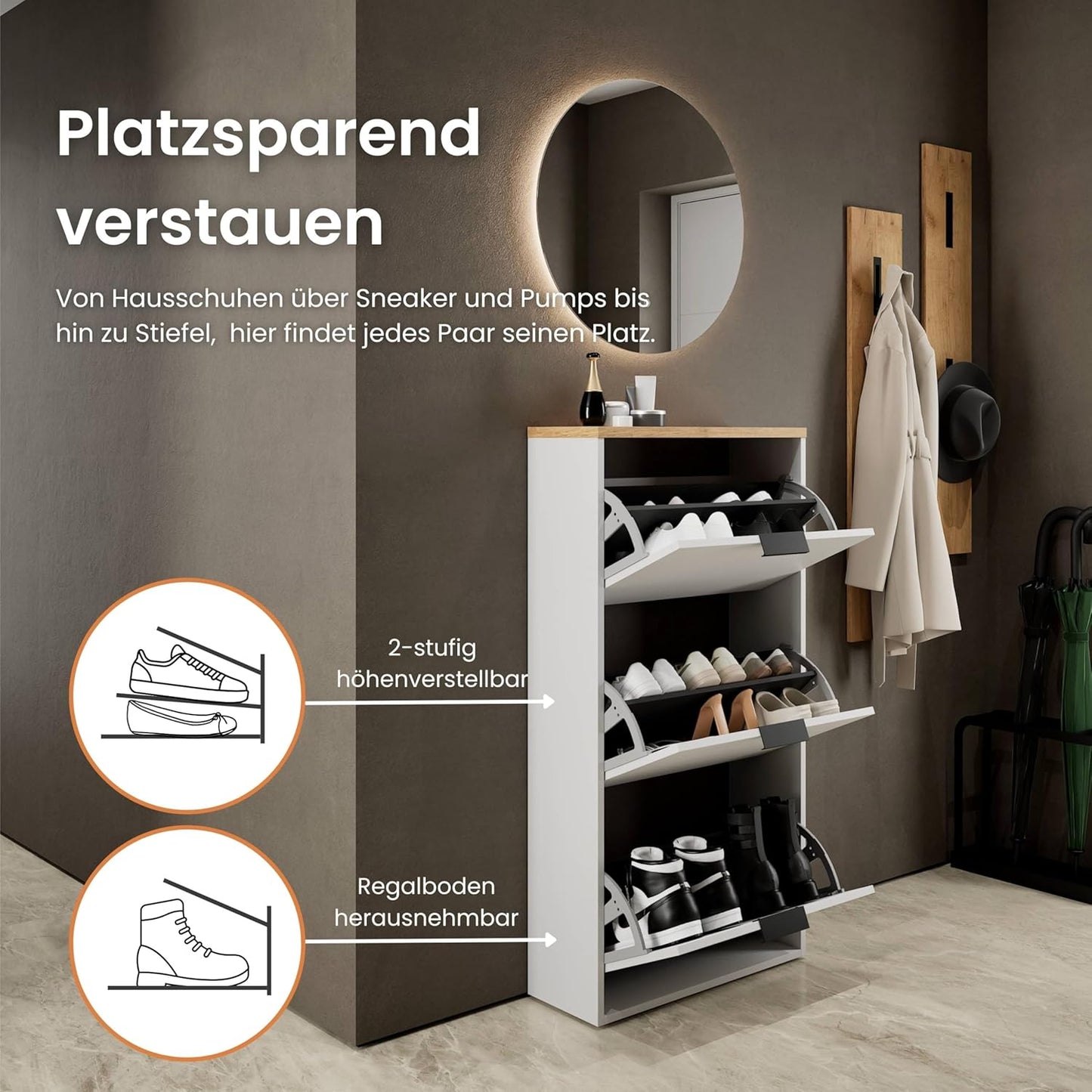 Schuhschrank mit 3 Klappen und 6 Ablagen, platzsparend, 3 Klappen Weiss-grau
