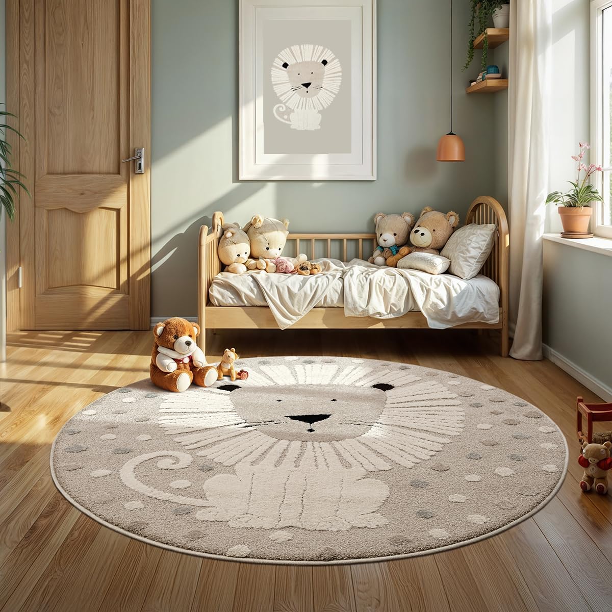 Runder Kinderzimmerteppich Löwe mit 3D-Effekt, 120 cm Rund Löwe