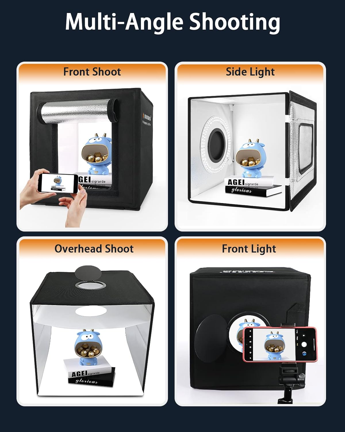 Faltbare Fotobox mit dimmbaren LEDs, 30x30x30cm
