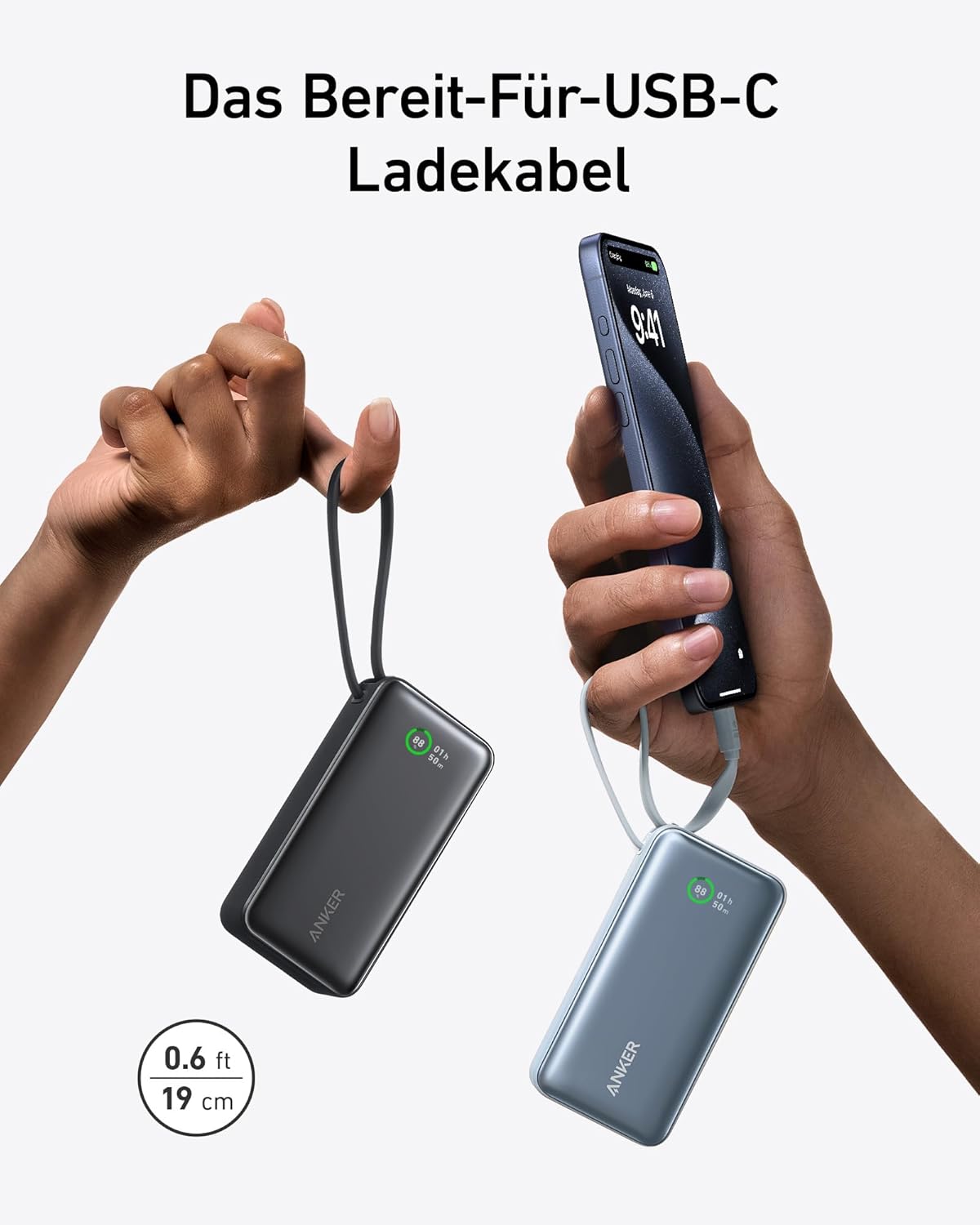 Nano Powerbank mit USB-C Kabel, 10.000mAh, Grün