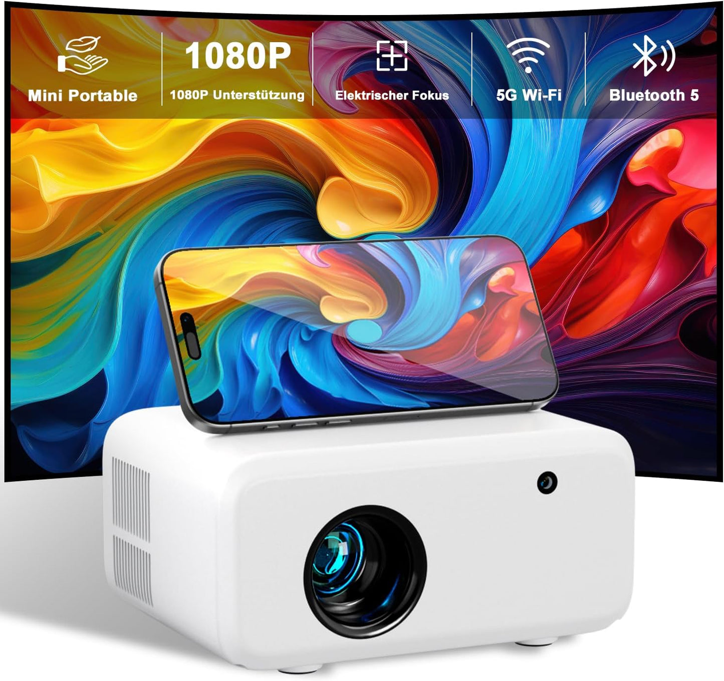 Mini Beamer V3Pro mit 5G WiFi und 1080P Unterstützung, white V3P