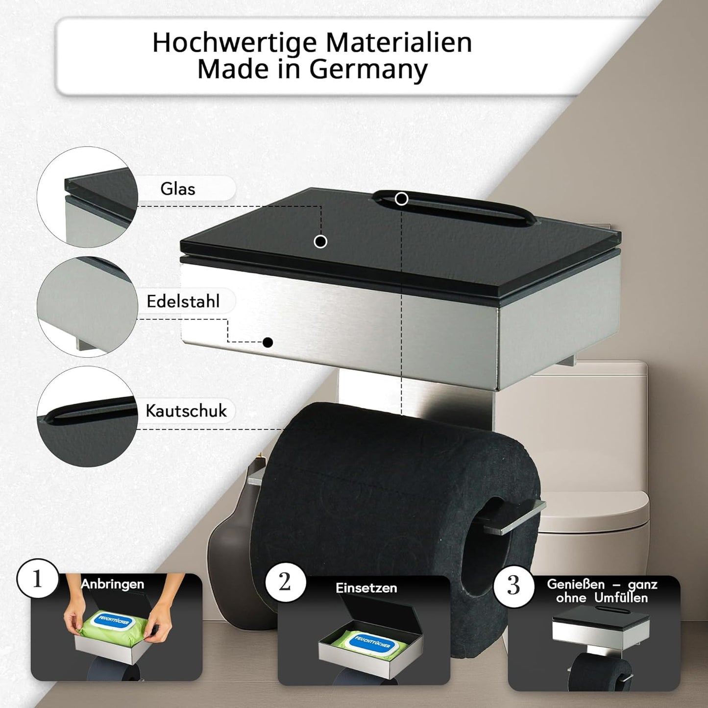 Toilettenpapierhalter mit Feuchttücherbox, Gehäuse Matt Glas Schwarz Befüllbar Von Rechts