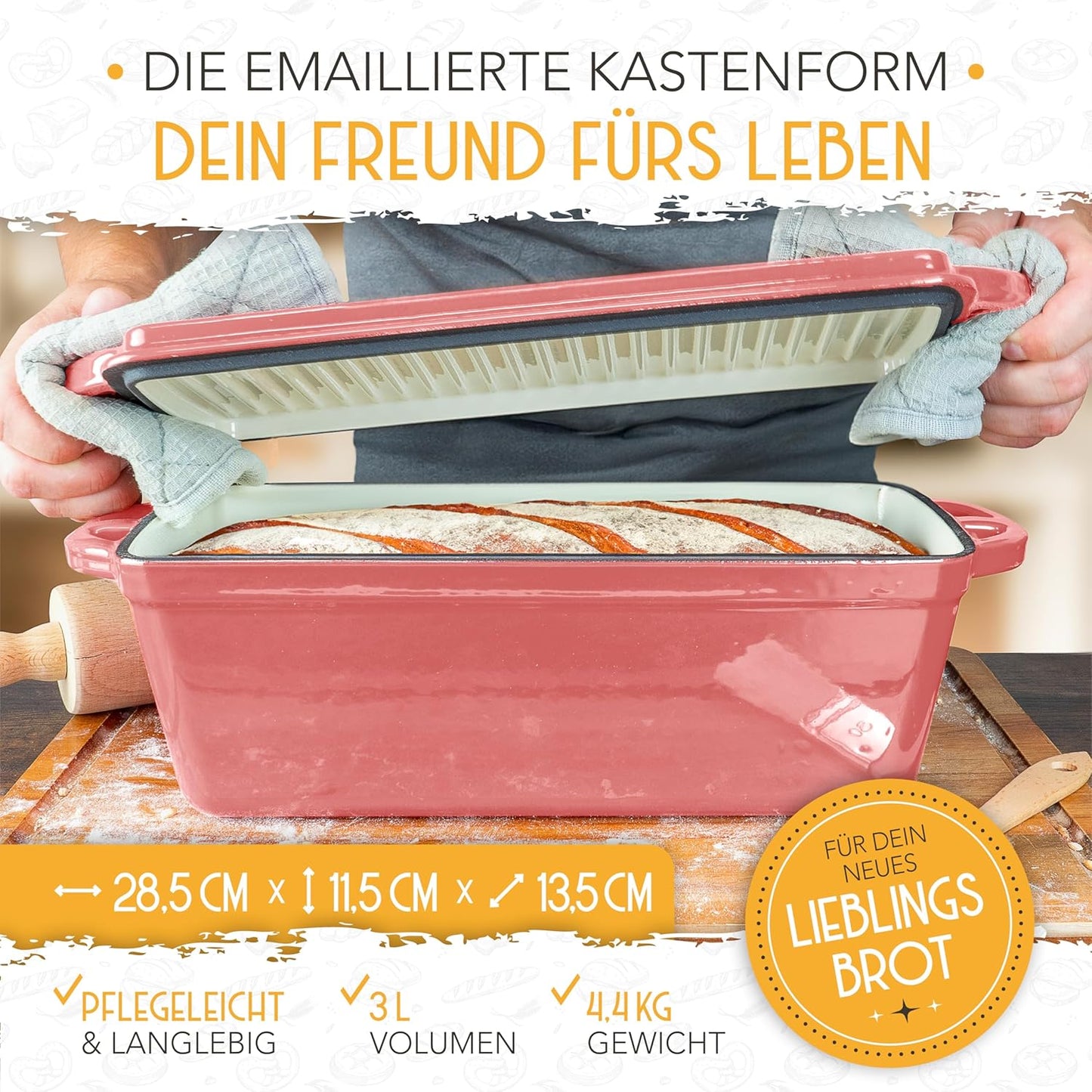 Brotbackfrom mit Deckel inkl. Gärkorb, Rosa Kastenform