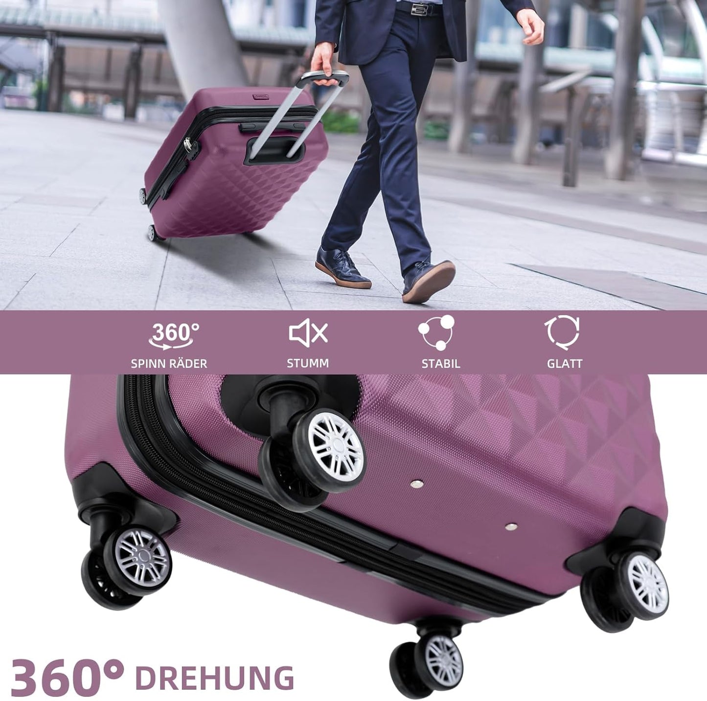 Hartschalen-Koffer-Set mit Zwillingsrollen (3-teilig), Violett M+L+XL (Set)