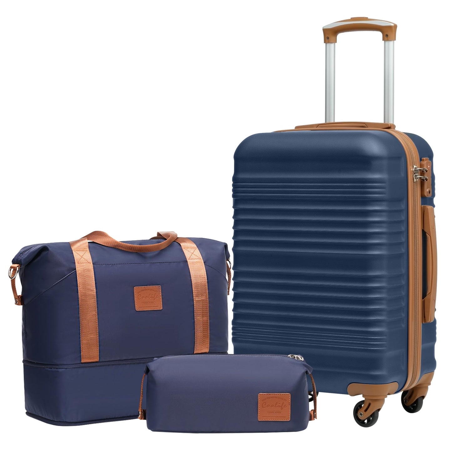 Kofferset 3-teilig mit Reisetasche & Kulturtasche, Handgepäck-Set 3tlg Blau/Braun