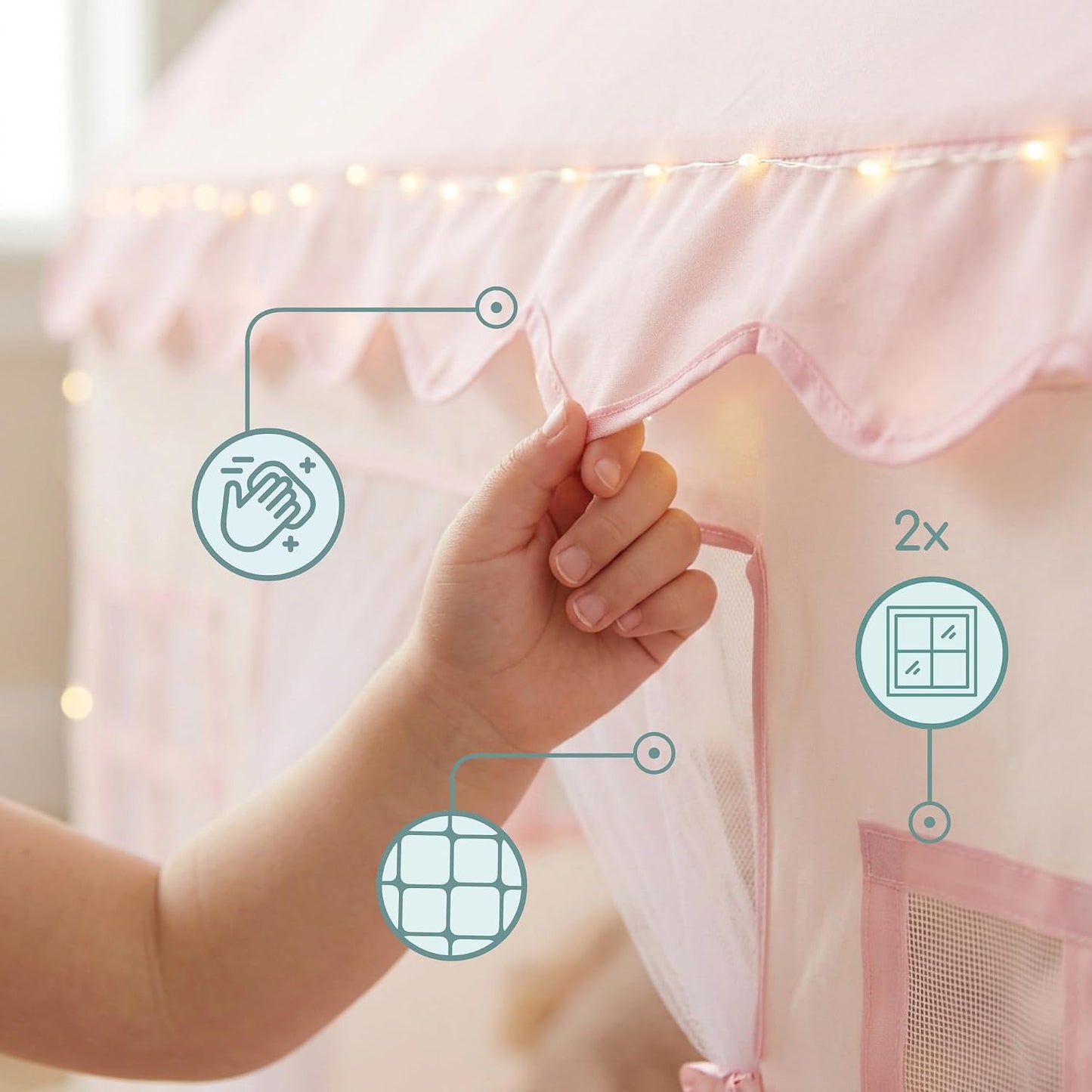 Spielzelt MAM251 Tipi House mit LED-Beleuchtung und Fenstern, Pink, Beige/Pink, Beige Abenteuer 95 × 125 × 130 cm