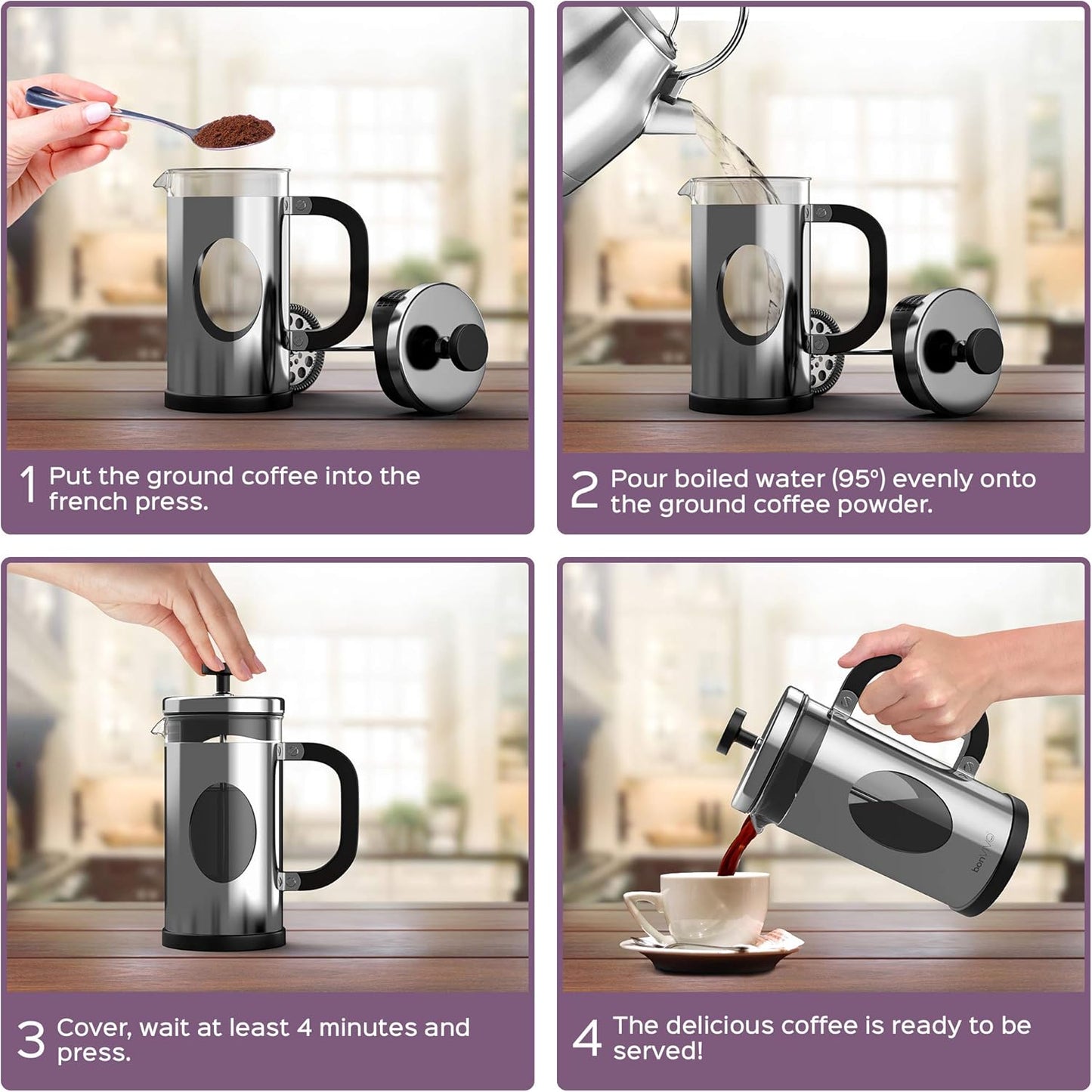 French Press Kaffeekanne, Silver 1000 ml
