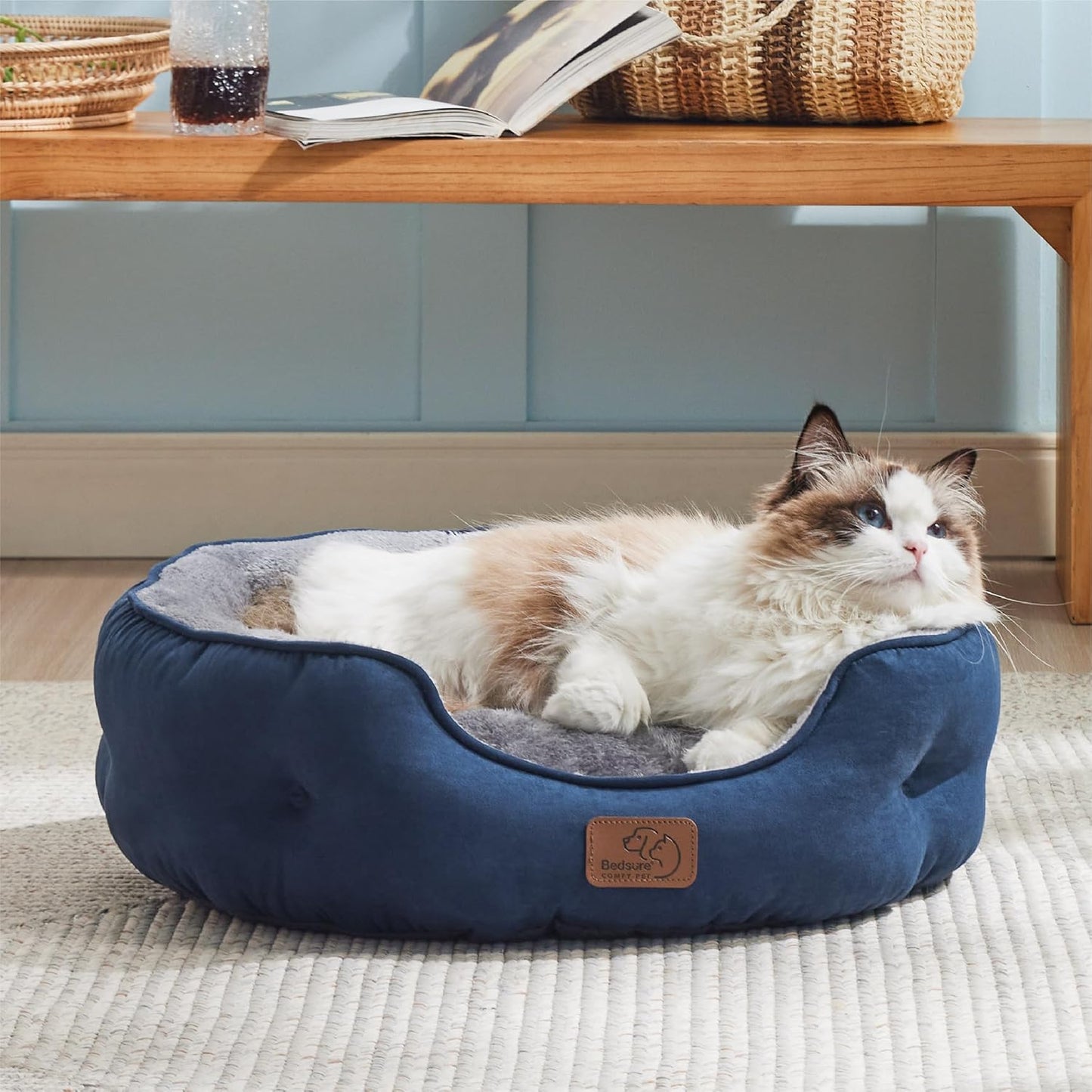 Waschbares Katzenbett mit Innenkissen, L 51 x B 48 x H 15 cm Navyblau