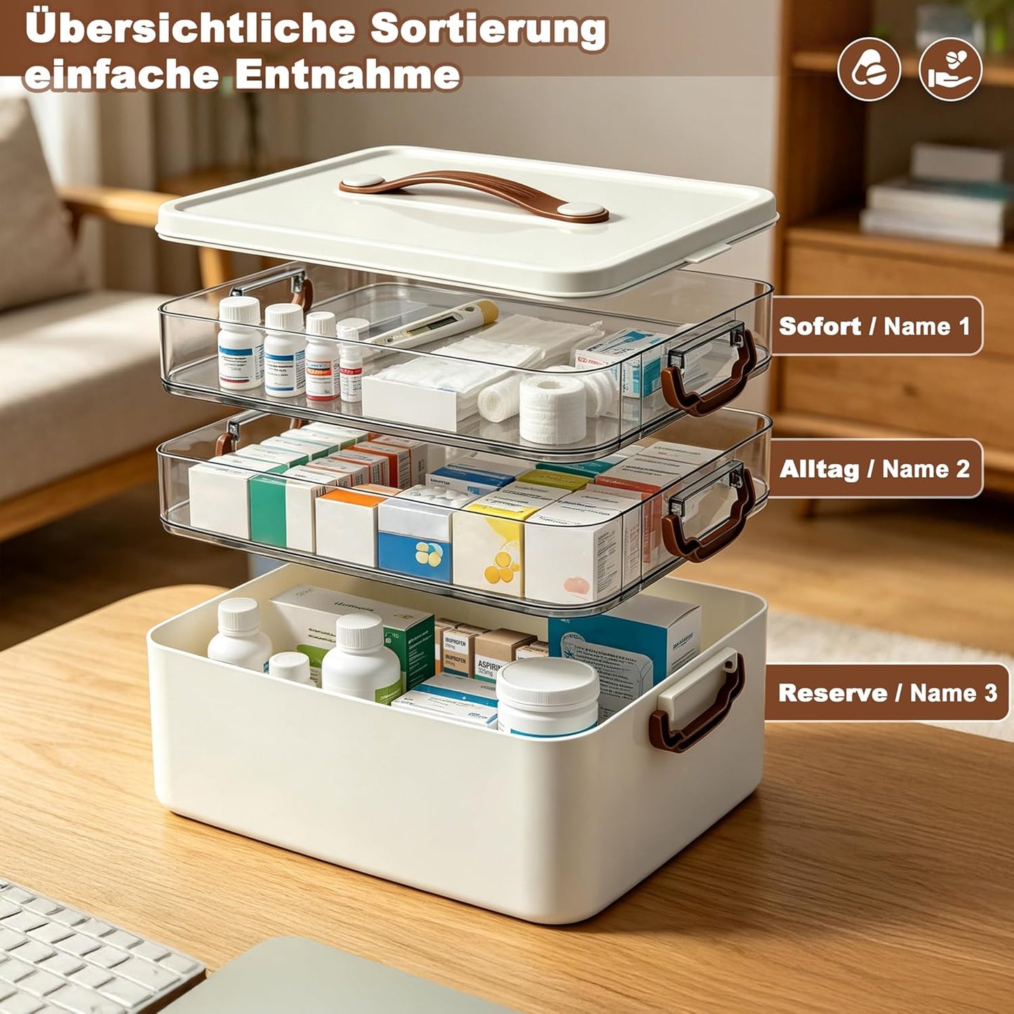 Medikamentenaufbewahrungsbox mit Tragegriff, 3-stöckig, 1er-Set