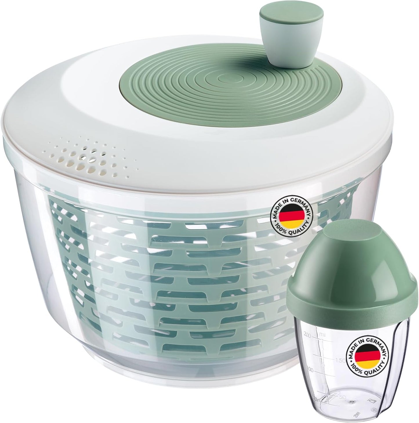 Salatschleuder mit Drehknauf und Shaker-Set, Mint-grün, Rutschfest, Set 2tlg.