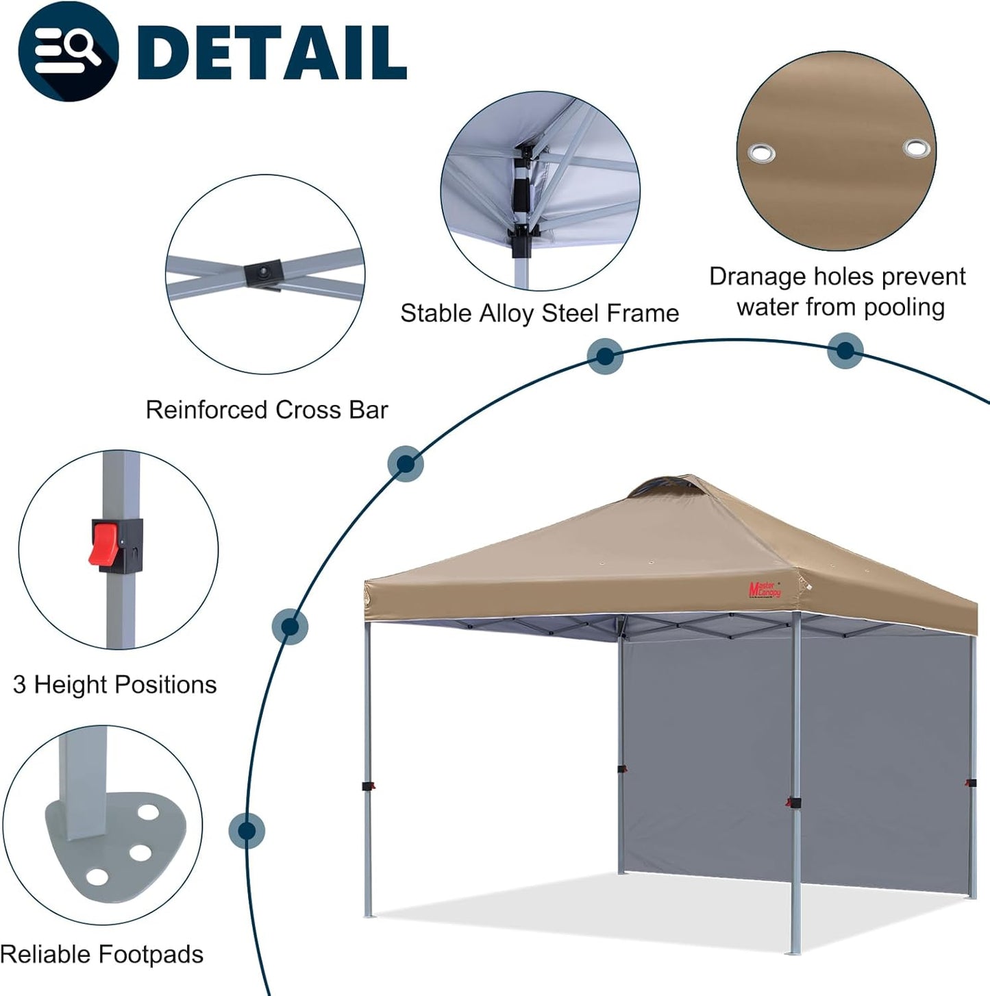 Pop-up-Pavillon mit Seitenwand, höhenverstellbar, 2.5x2.5M Khaki