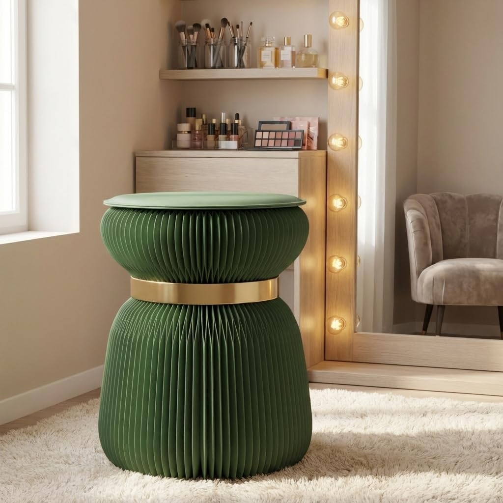 Papierhocker Papli Lux mit 180 Lamellen, Grün mit Goldenem Band
