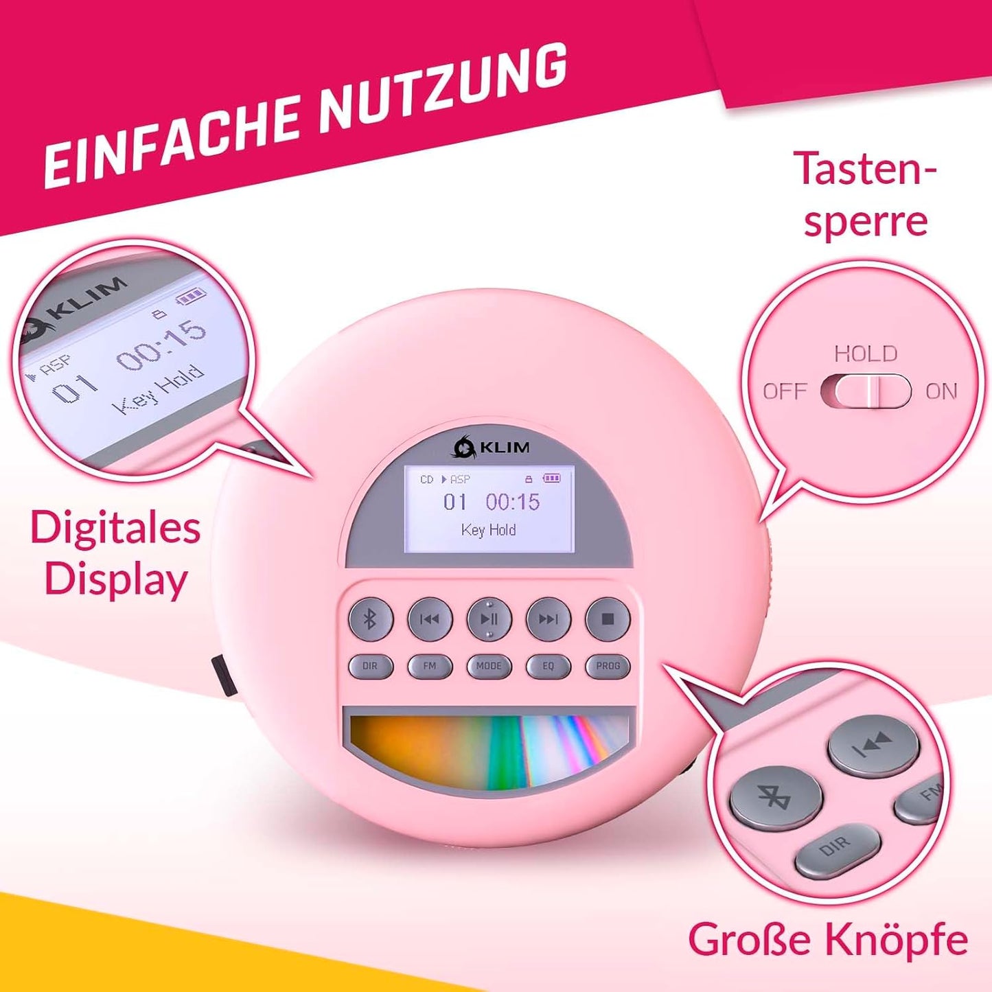 Tragbarer CD-Player mit Kopfhörern, Rosa