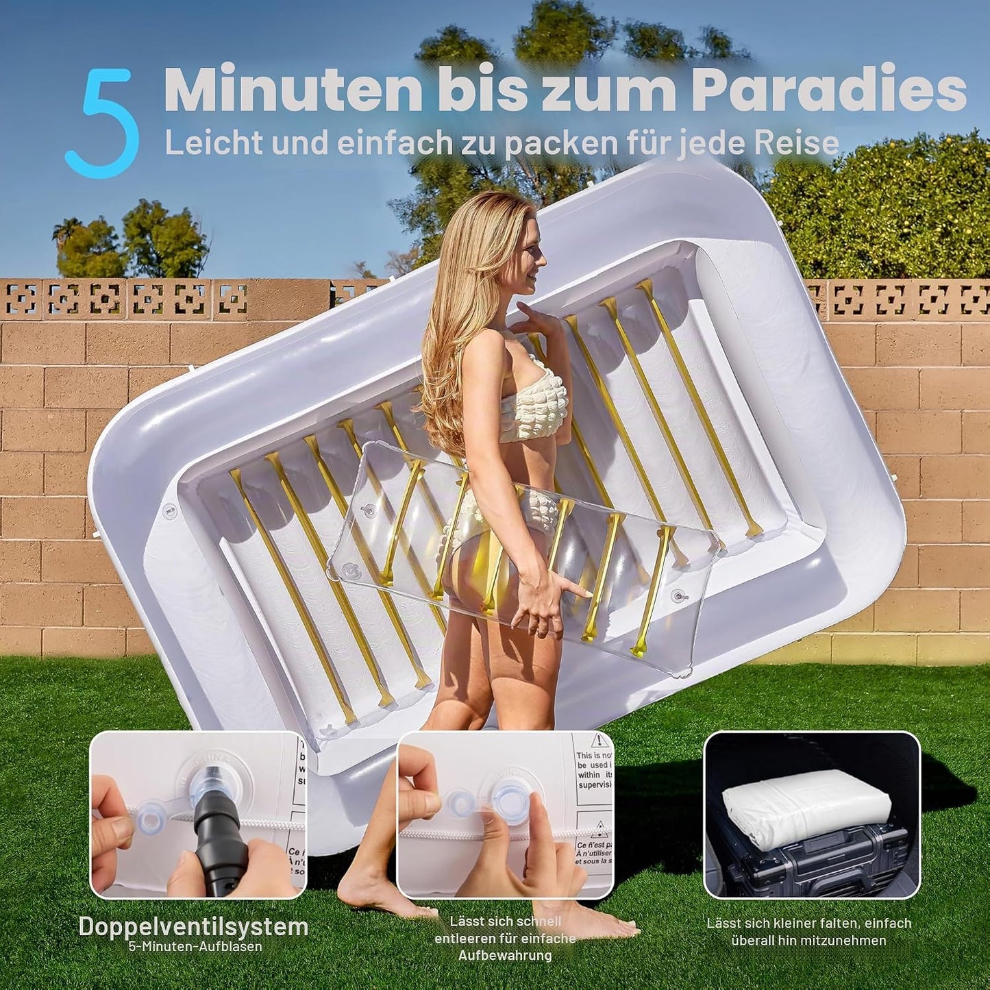 Aufblasbarer Sonnenpool mit abnehmbarem Kissen und Getränkehalter, Gold-Weiss L