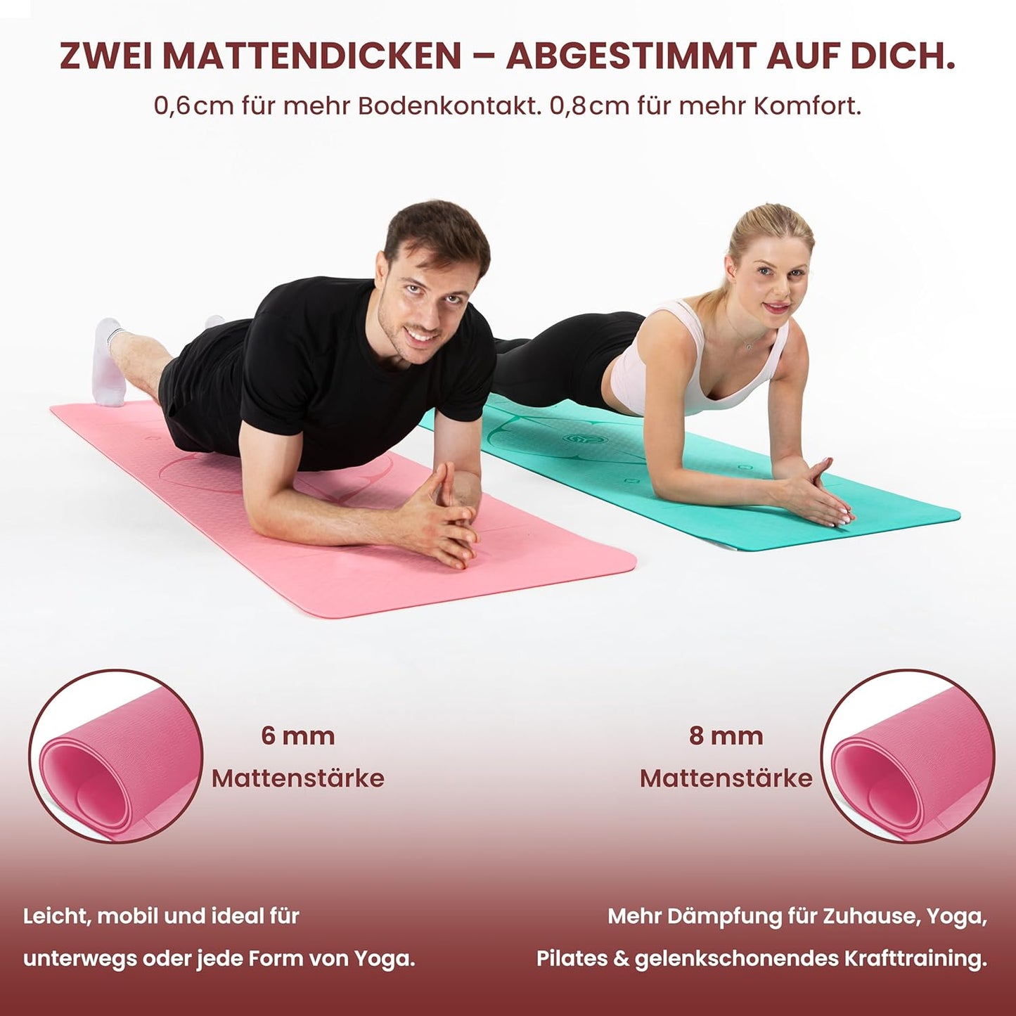 Rutschfeste Yoga- und Sportmatte 8 mm, 8 mm dick Rosa