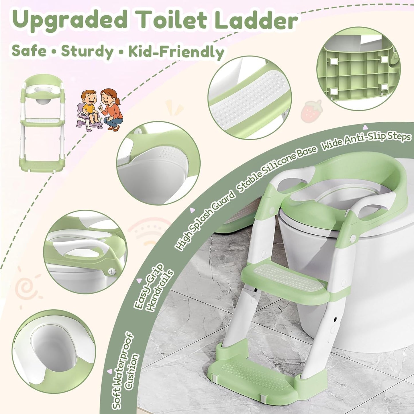 3-in-1 Toilettensitz mit Treppe für Kinder, Grün