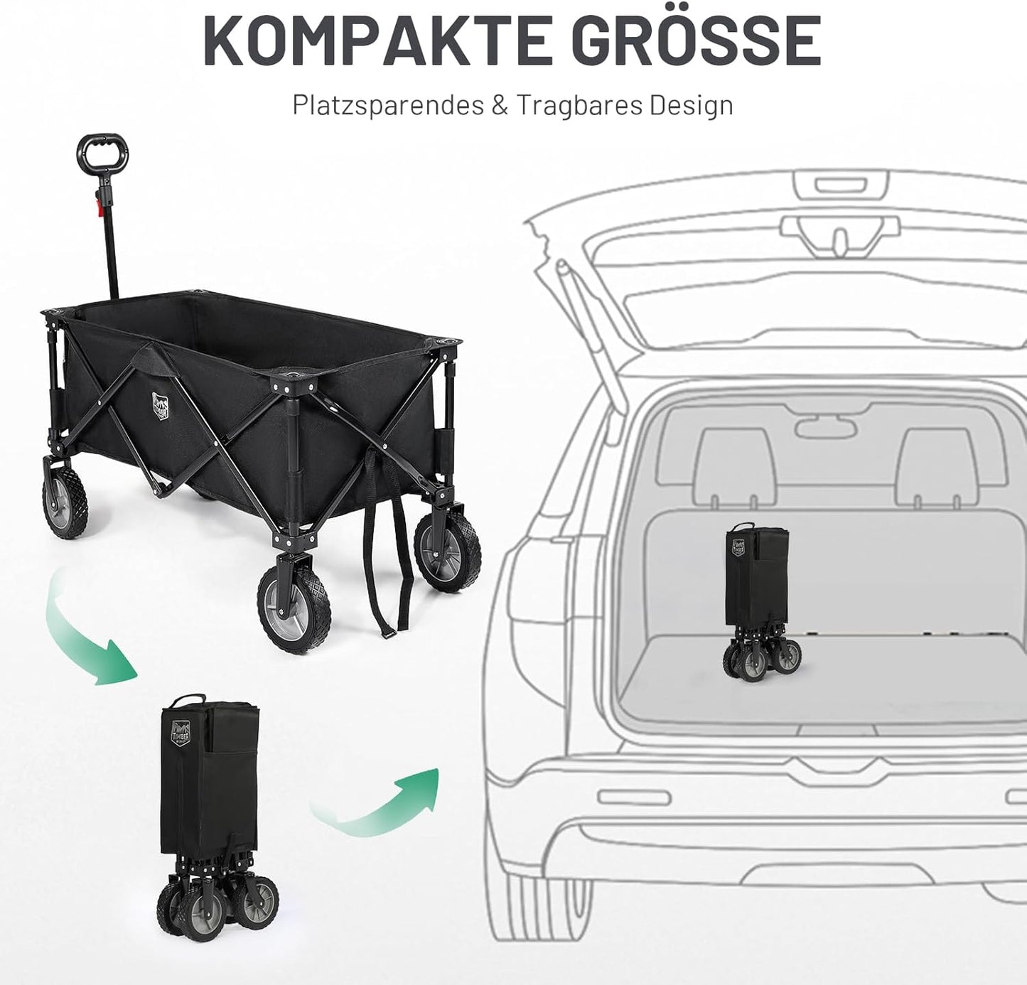 Faltbarer Bollerwagen mit verstellbarem Griff und Seitentaschen, Schwarz