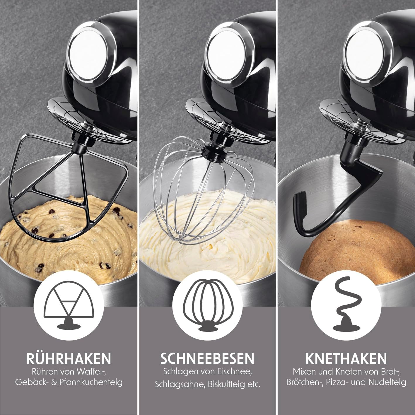 Multifunktionale Küchenmaschine mit Rührschüssel, Schwarz