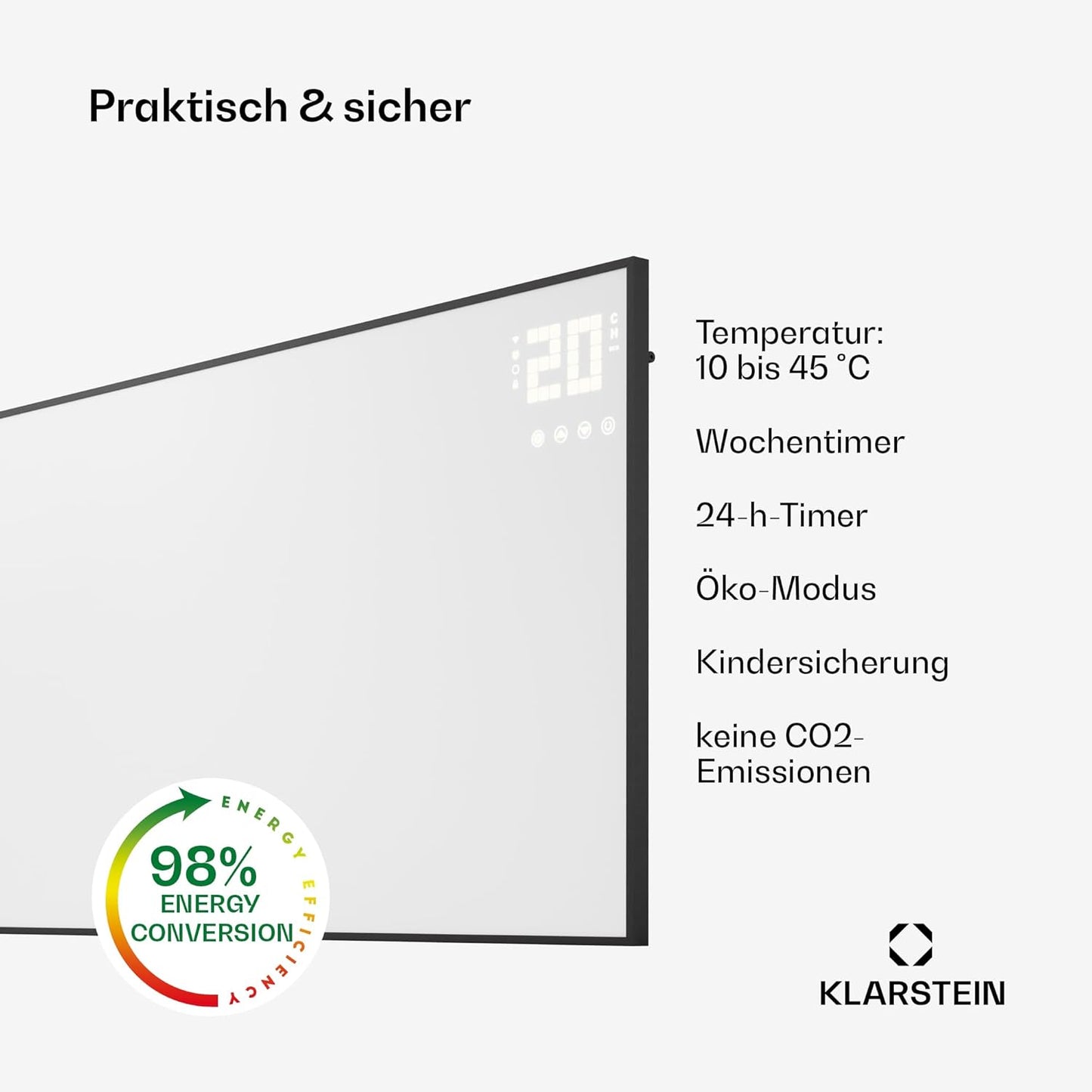 Infrarotheizung mit Thermostat & App-Steuerung, 770 W Weiss / Schwarz Horizontal