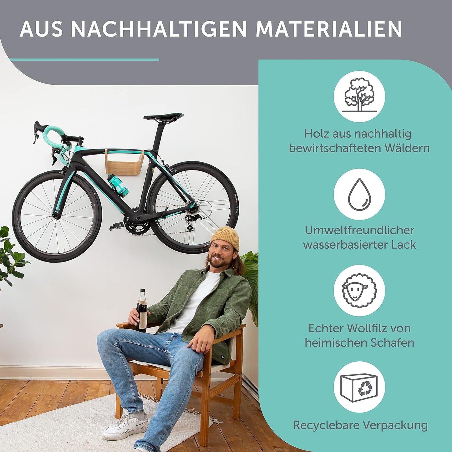 FlyBike S Velowandhalterung, S (bis 50cm Lenkerbreite) Eiche | Merinoweiss