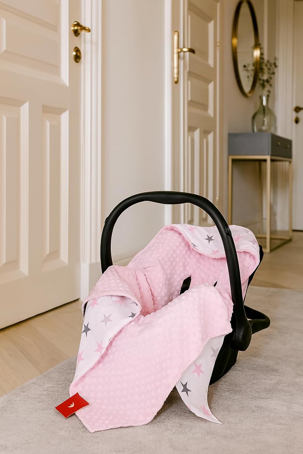 Baby Einschlagdecke für Babyschale mit 3-Punkt-Gurt, 10. Rosa + Sterne