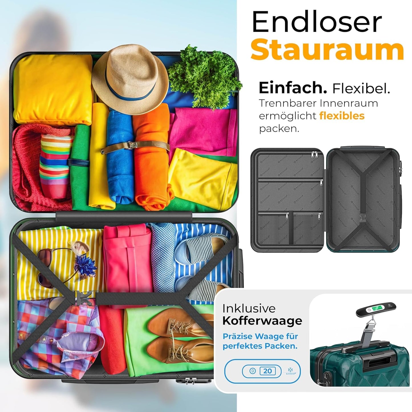Reisekoffer-Set (3-teilig) mit Zahlenschloss & Zubehör, Petrol Teal