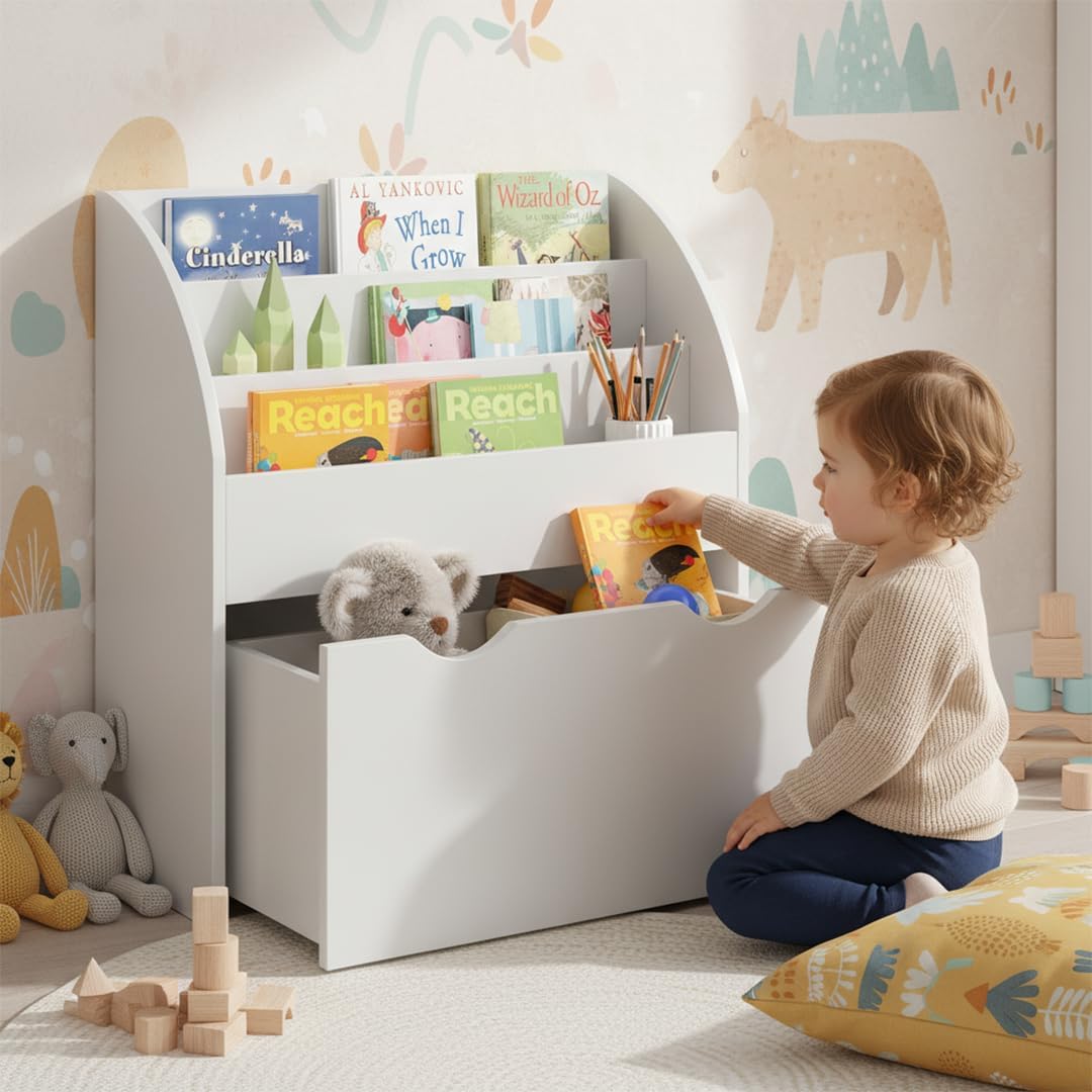 Kinder Bücherregal mit Schublade Montessori, Ohne Faltboxen Weiß, mit Schublade