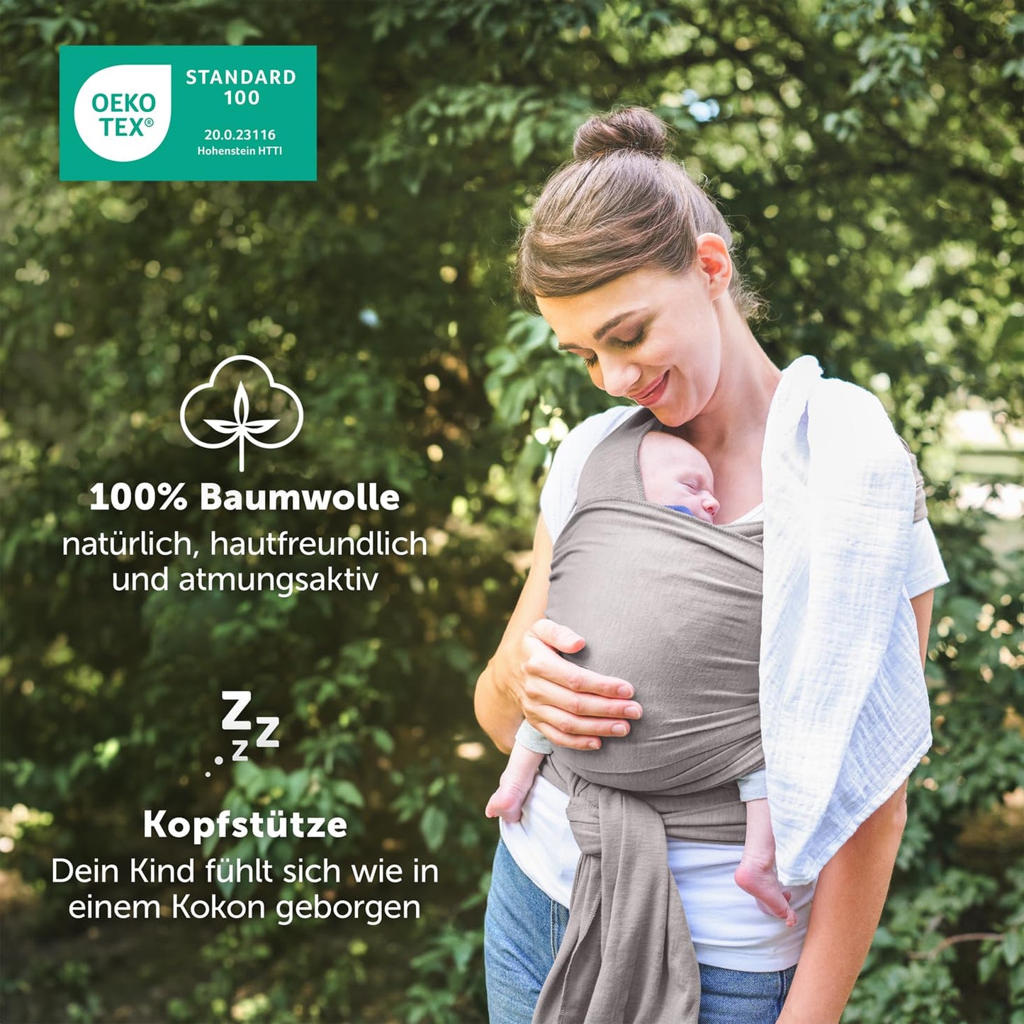 Tragetuch für Neugeborene bis 15 kg, OEKO-TEX zertifiziert, Hellgrau