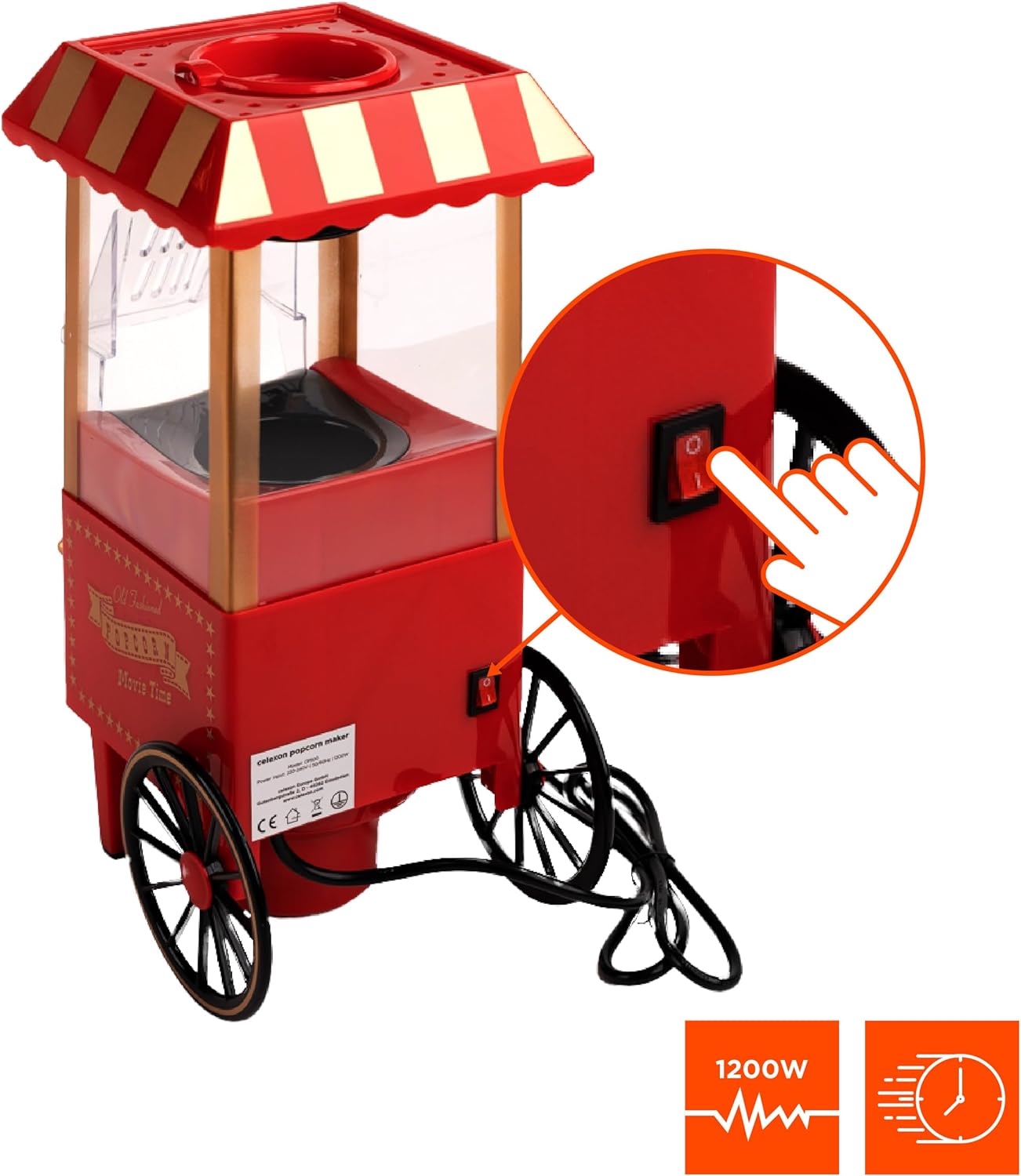 CinePop CP500 Popcorn-Maschine, Retro/Kirmes-Design - 24 x 19 x 39.5cm