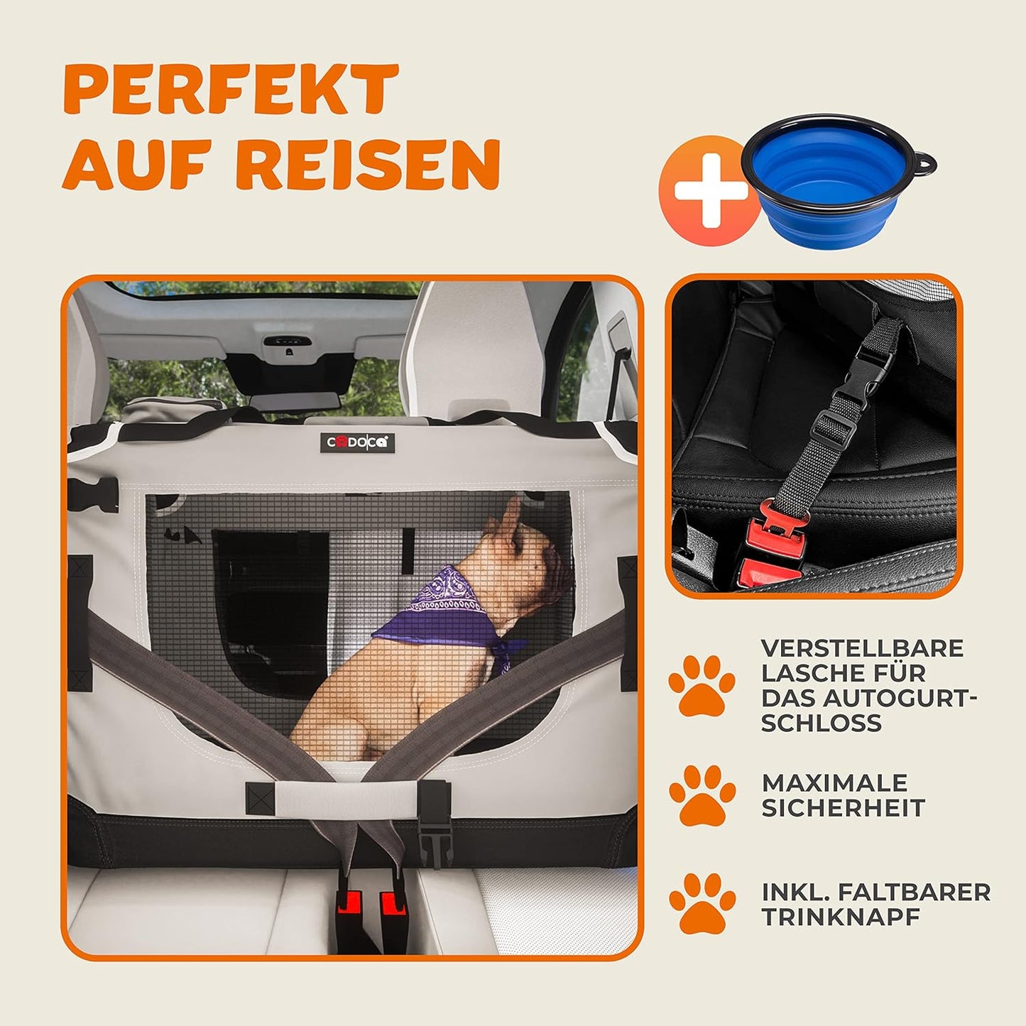 Faltbare Hundetransportbox XXXL mit Tragegriff, extra Tasche und Autogurtlasche, L 101 x B 70 x H 70 cm Grau