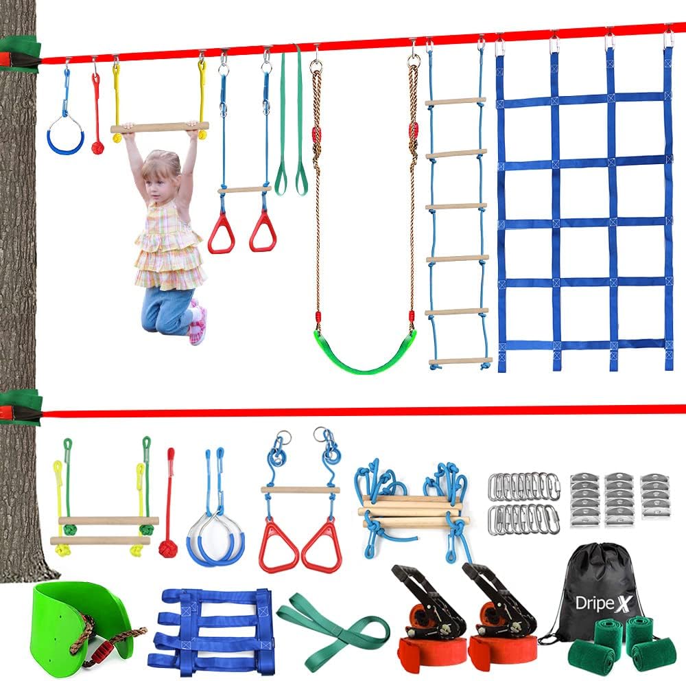 Ninja Slackline Set mit Hindernisparcours (30m, 10 Hindernisse), 15M Slackline×2 +10 Hindernisse
