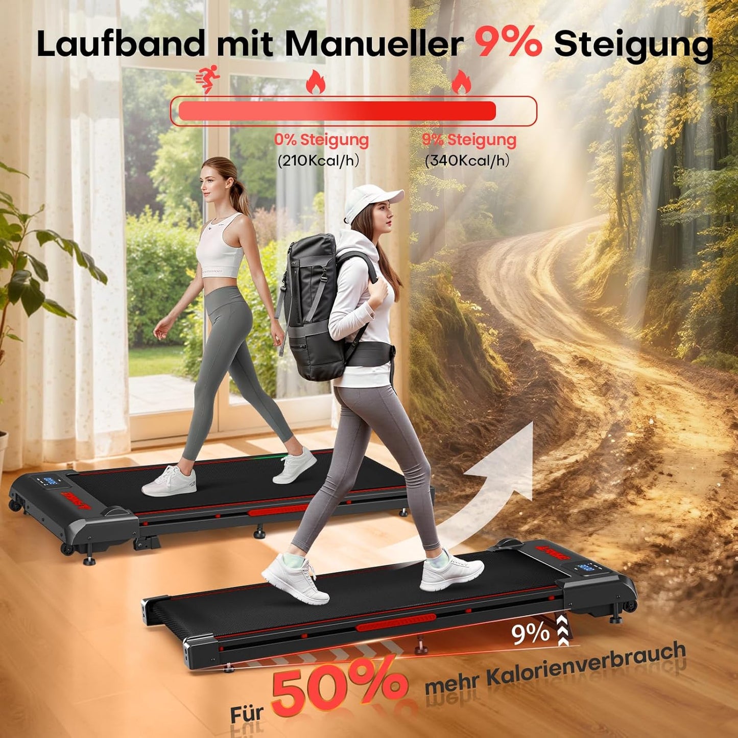 Walking Pad mit Steigung und 12 Programmen, Schwarz Rot