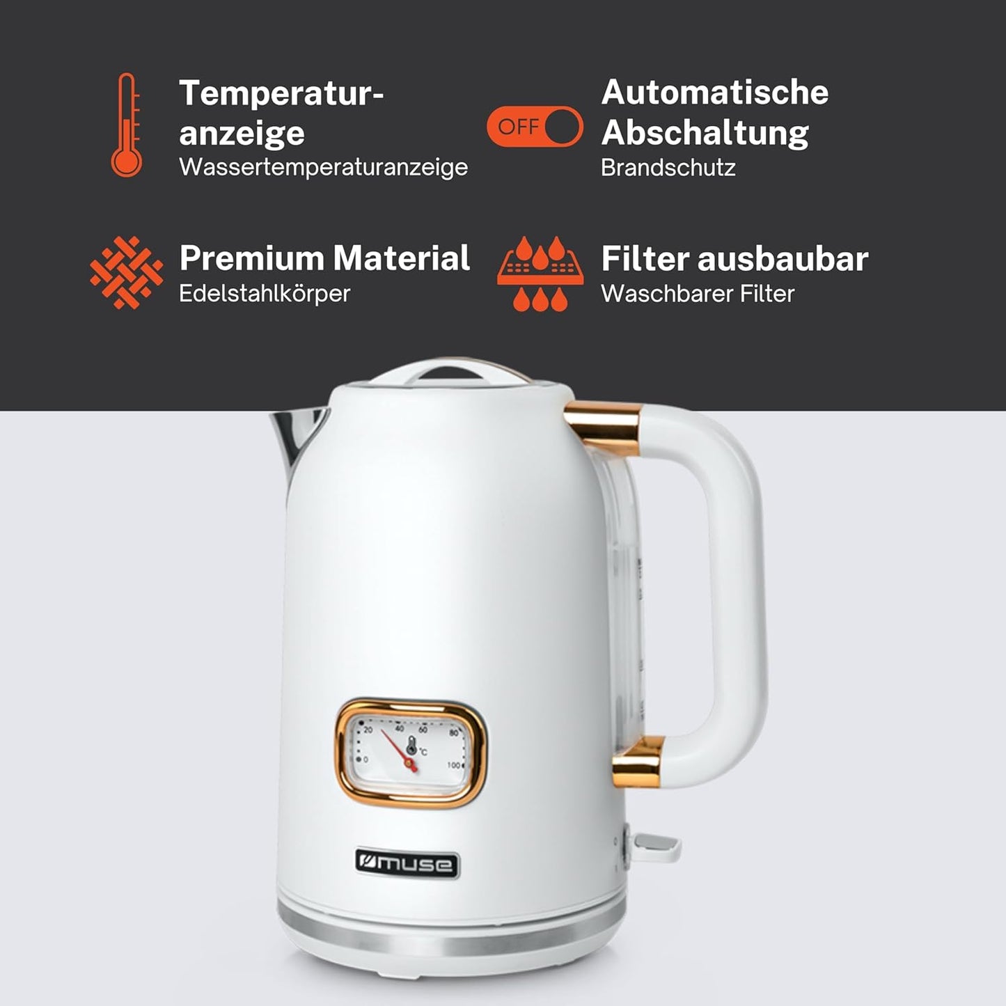 Retro Wasserkocher MS-030 W mit Temperaturanzeige, Weiss
