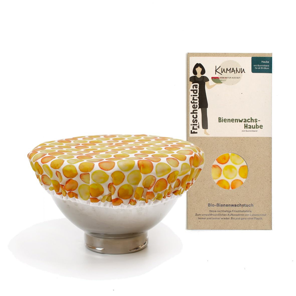 Frischhaltehaube Frischefrida aus Bienenwachstuch, Gelbe Kreise