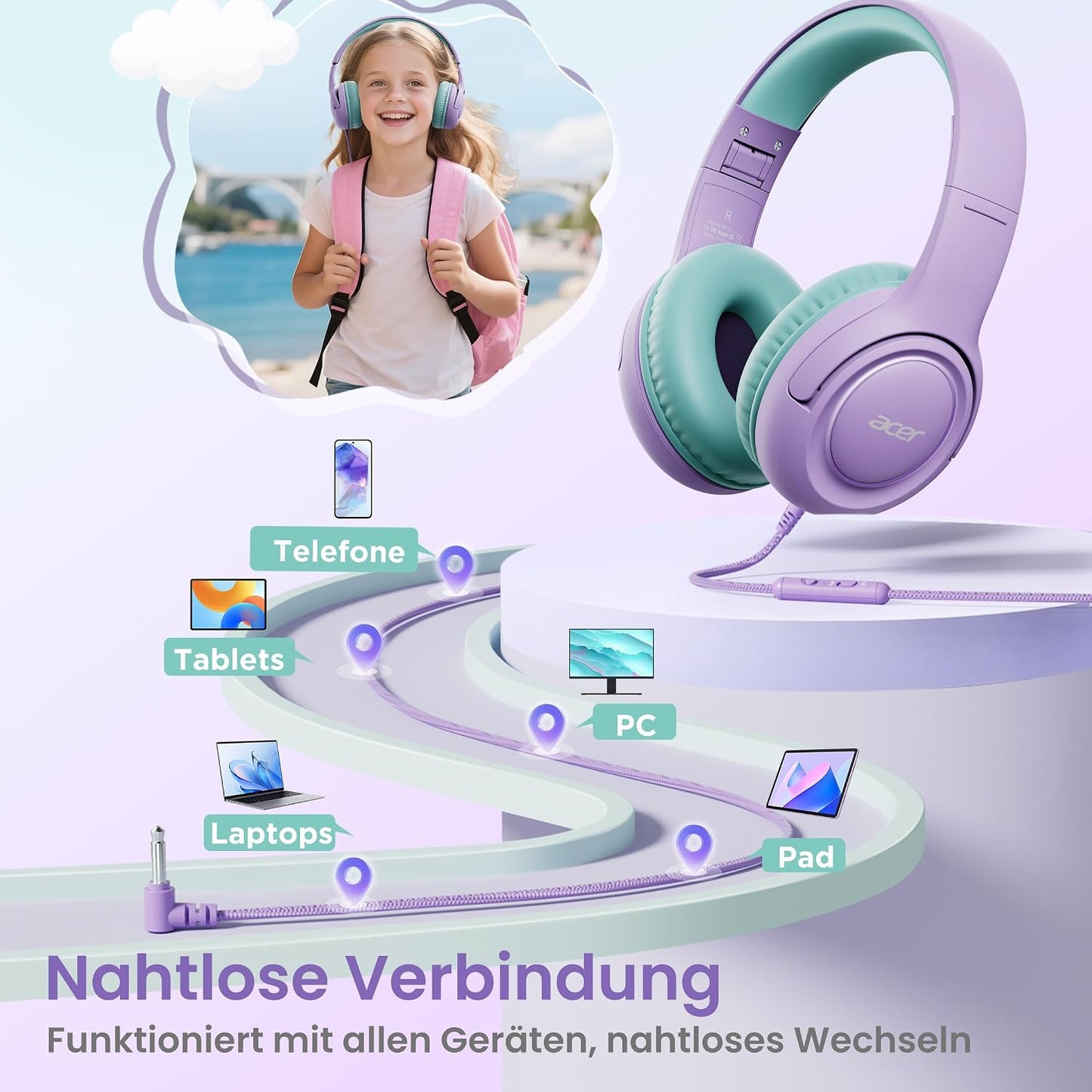 Kinder-Kopfhörer mit Lautstärkebegrenzung, Lila Grün