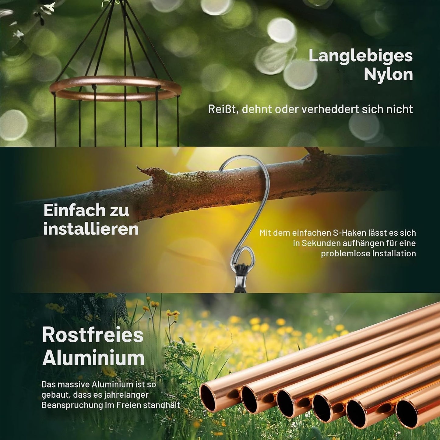 Aureole Tunes Windspiel mit 6 Röhren abgestimmt auf C Pentatonic Skala, 56 Inches Roségold