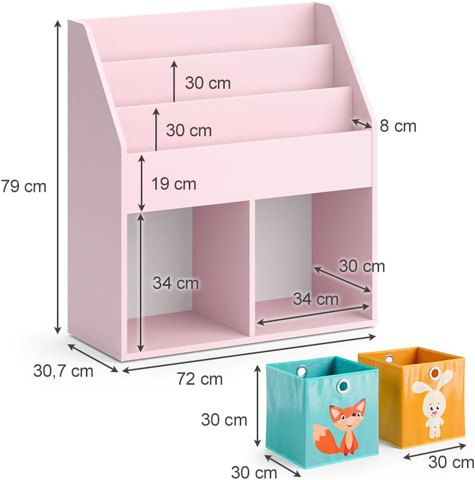 Kinderregal Luigi, Rosa 72x79 cm mit Faltboxen Fuchs/Hase