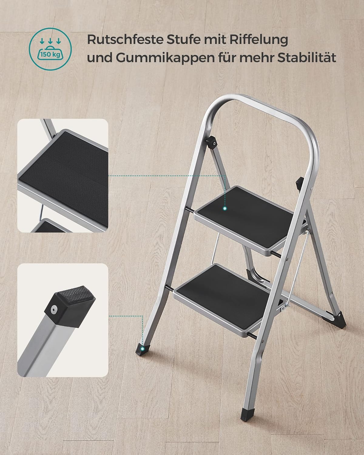 Trittleiter mit 2 Stufen, klappbar bis 150 kg, 2 Stufen (55T x 45,5B x 82H cm), Taubengrau