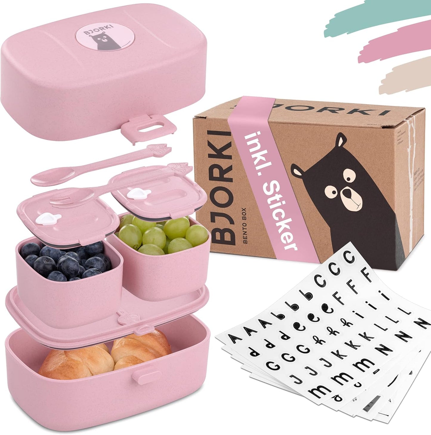 Auslaufsichere Bento Box für Kinder mit Namensticker, Pastell Rosa