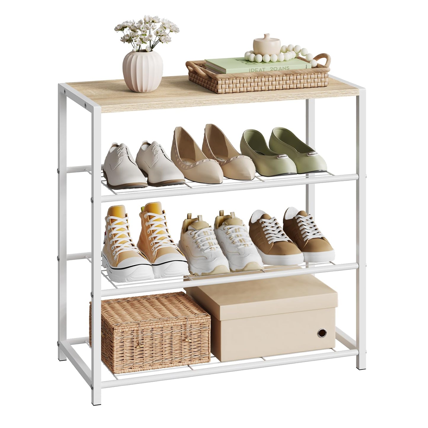 Schuhregal mit 3 Ebenen für 9 Paar Schuhe, 63 x 63 x 30 cm Helle Eiche + Weiss