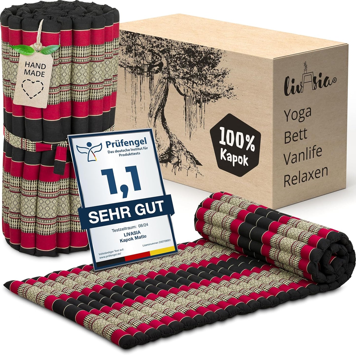 Rollmatratze Gästebett Thaimatte (200x75cm), M (200 x 75 cm) Schwarz/Rot